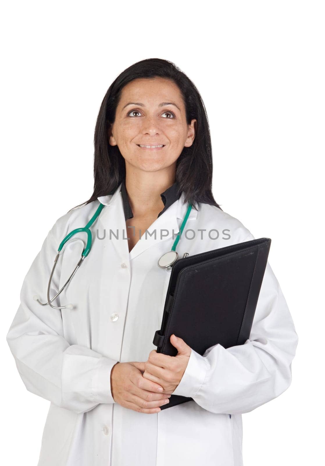 Happy doctor woman isolated on white background