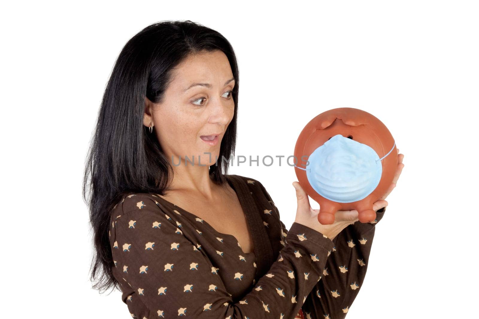 The business of the flu. Woman with piggy bank with a mask