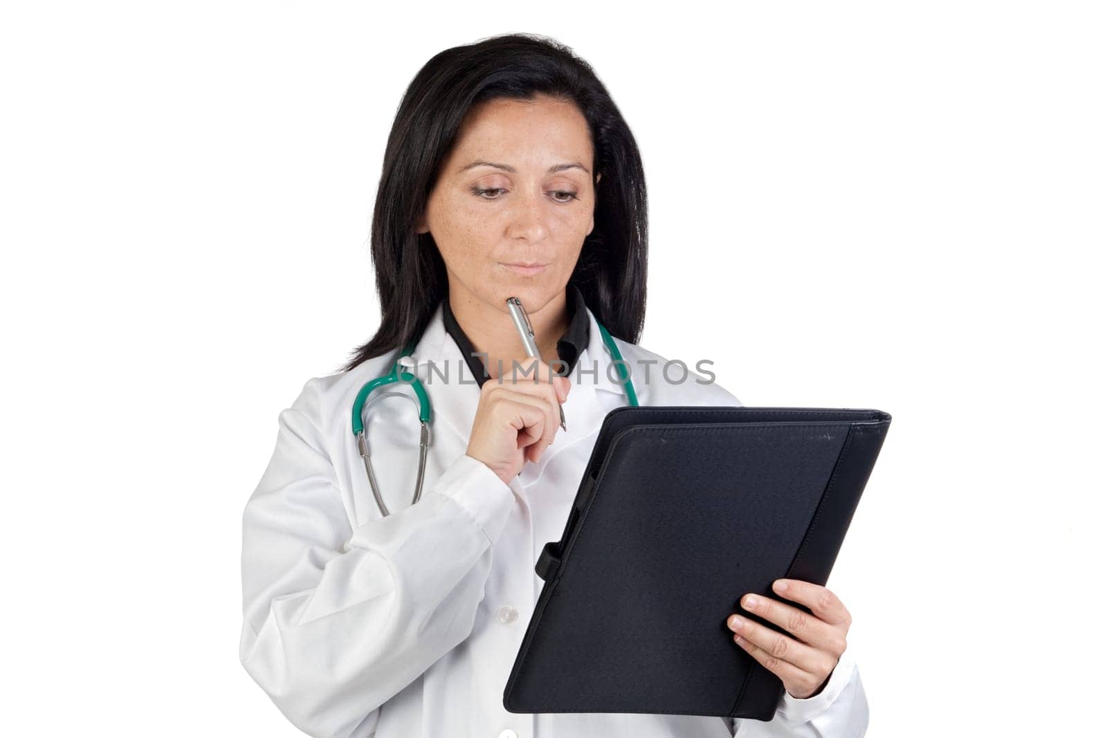 Doctor woman doing report isolated on white background