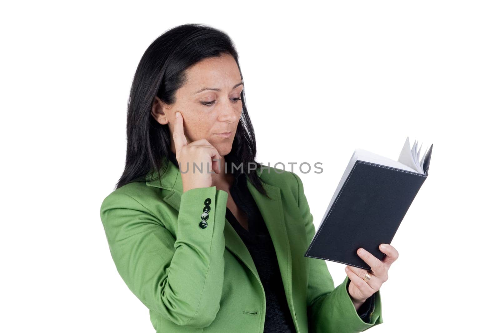 Businesswoman reading the diary isolated on a over white background