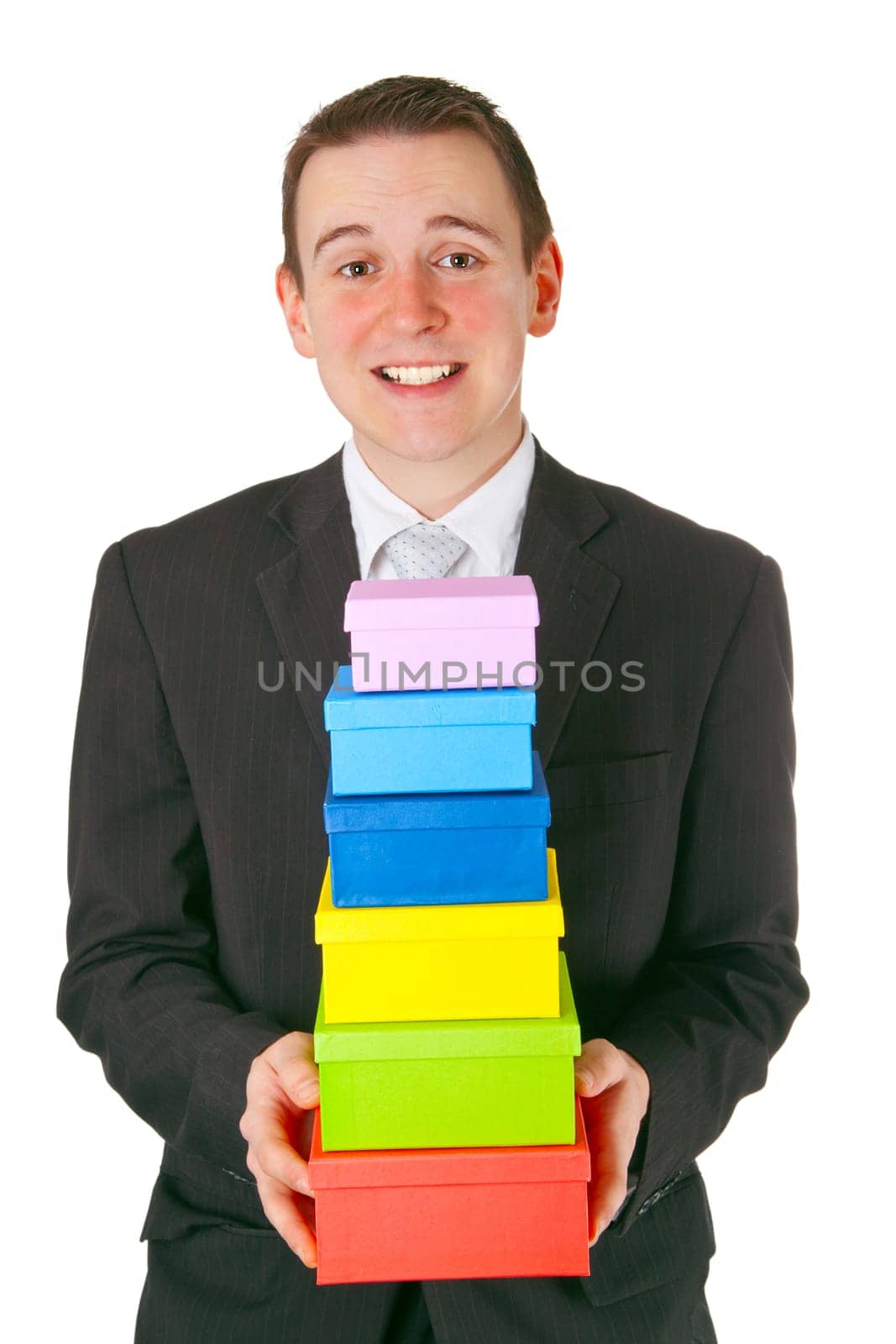 Young man with gifts isolated on white background