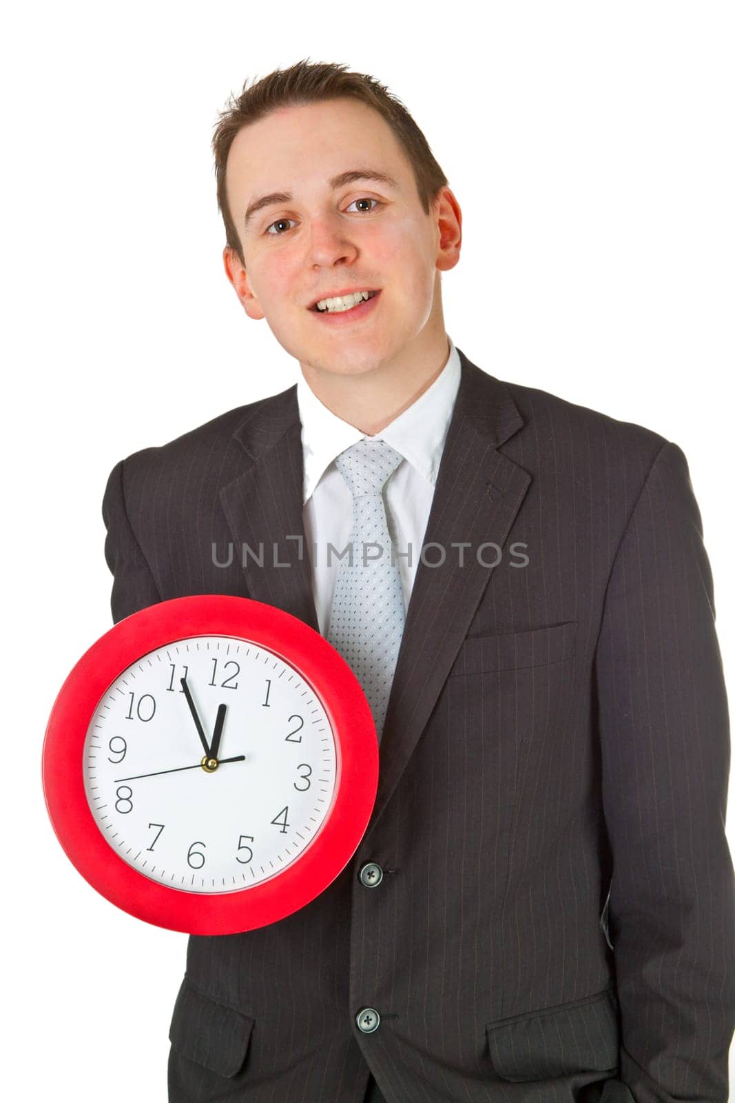 Young businessman with watch isolated on white background