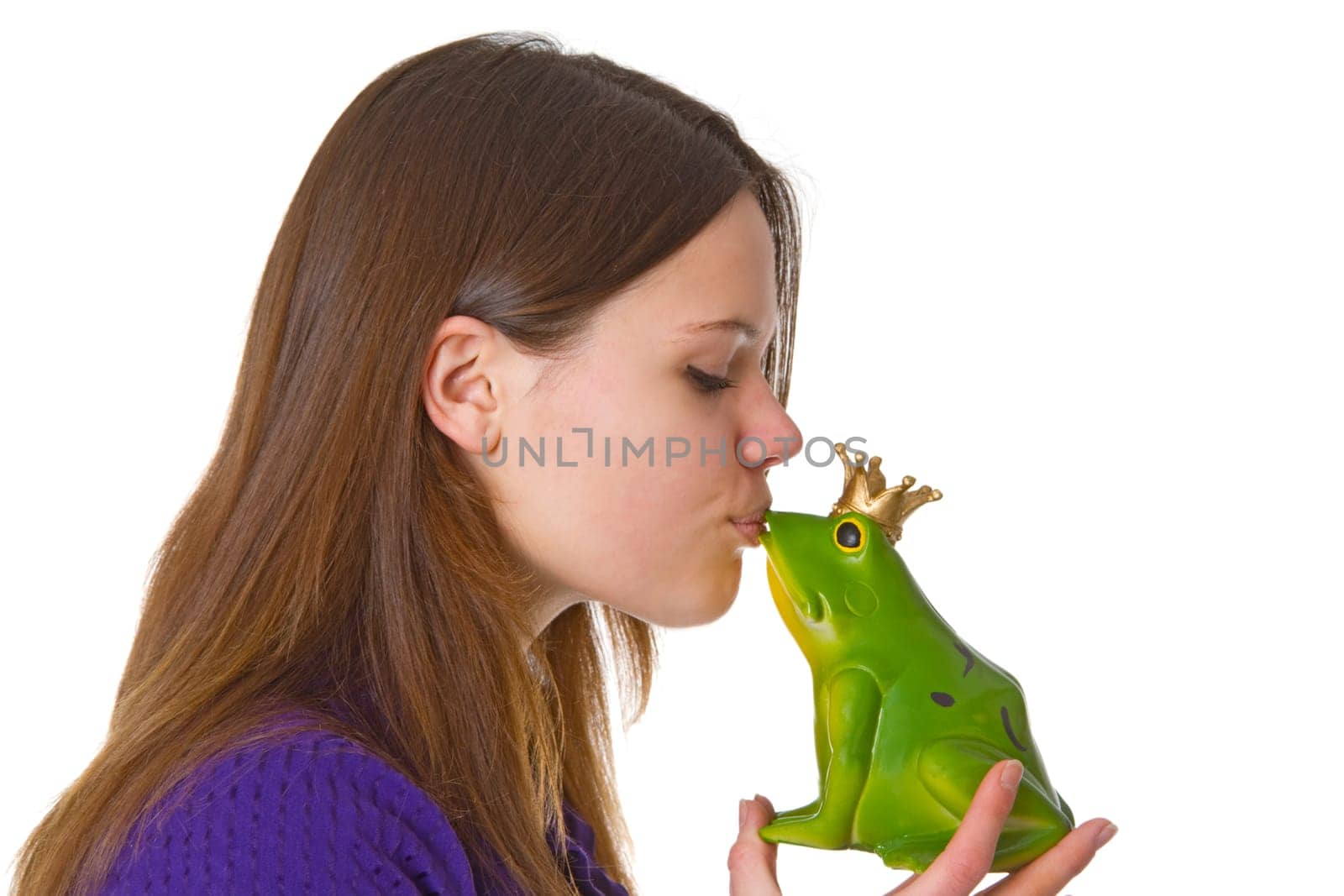 Attractive woman with frog prince isolated on white background
