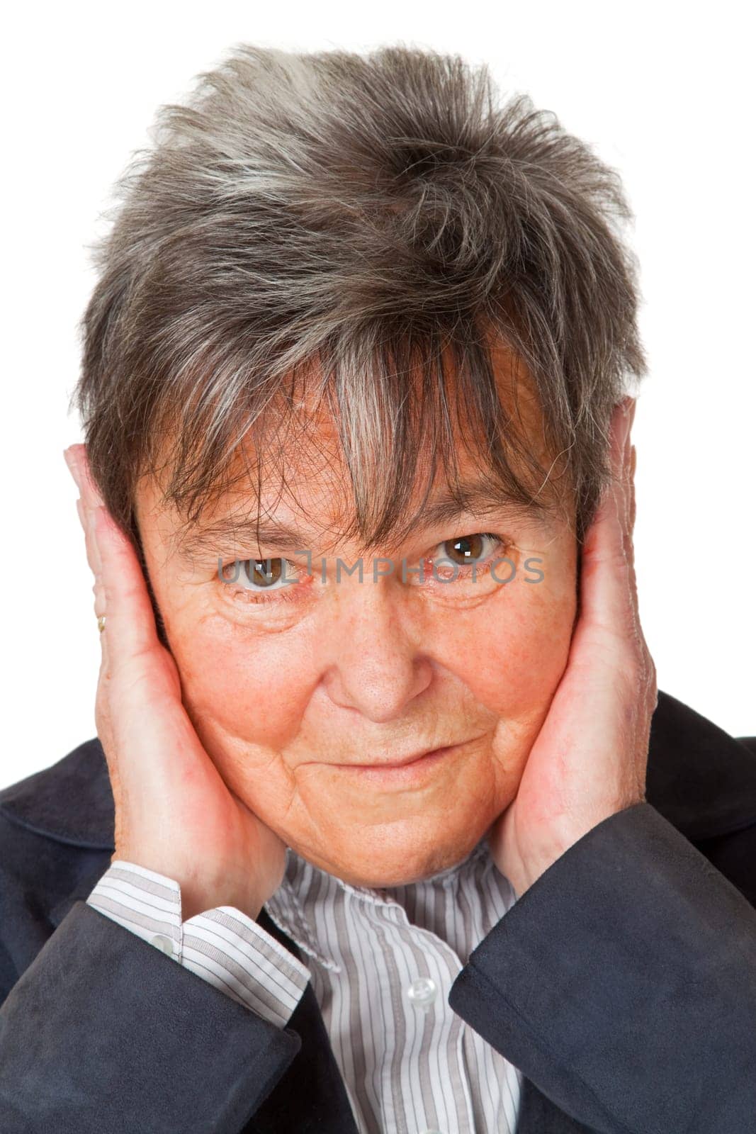 Senior woman outdoors on white background