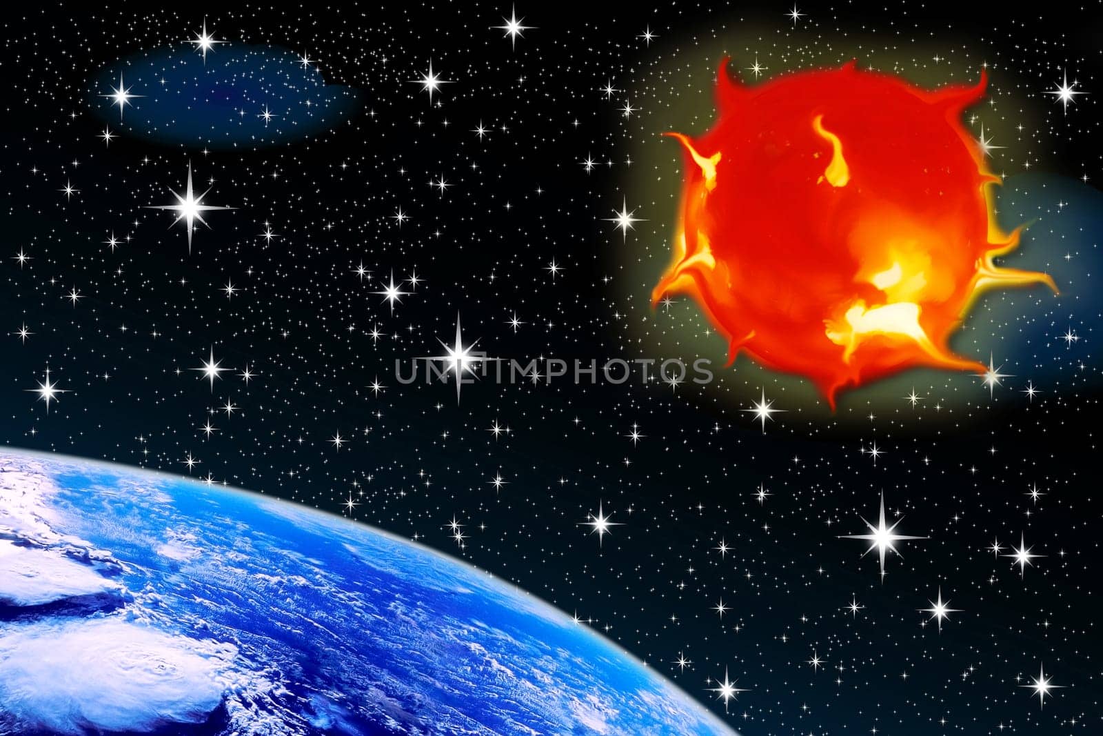 sun stars of the sun against a backdrop of stars with a planet earth aerial view of space