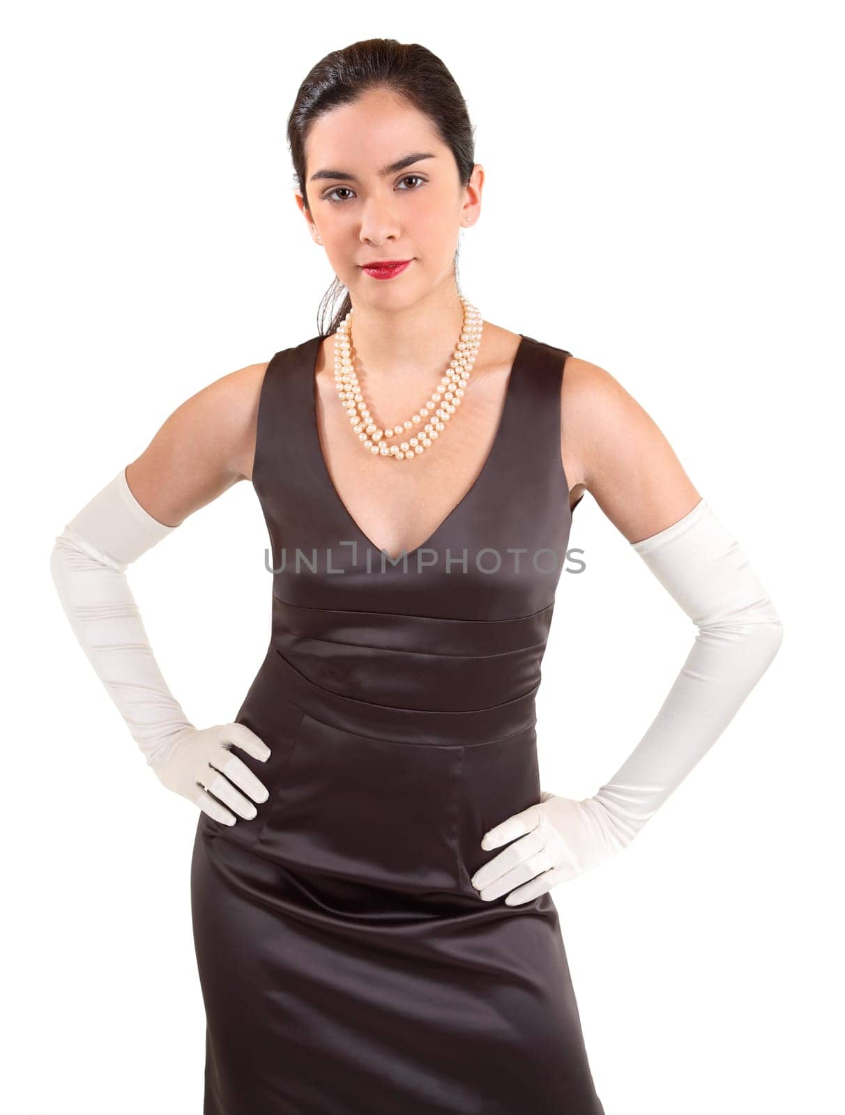 A beautiful lady in a classy dress wearing white gloves