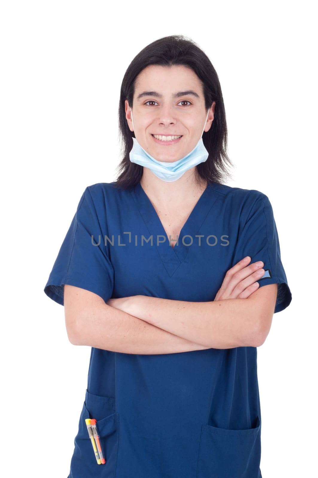 portrait of a young female doctor wearing mask isolated on white background