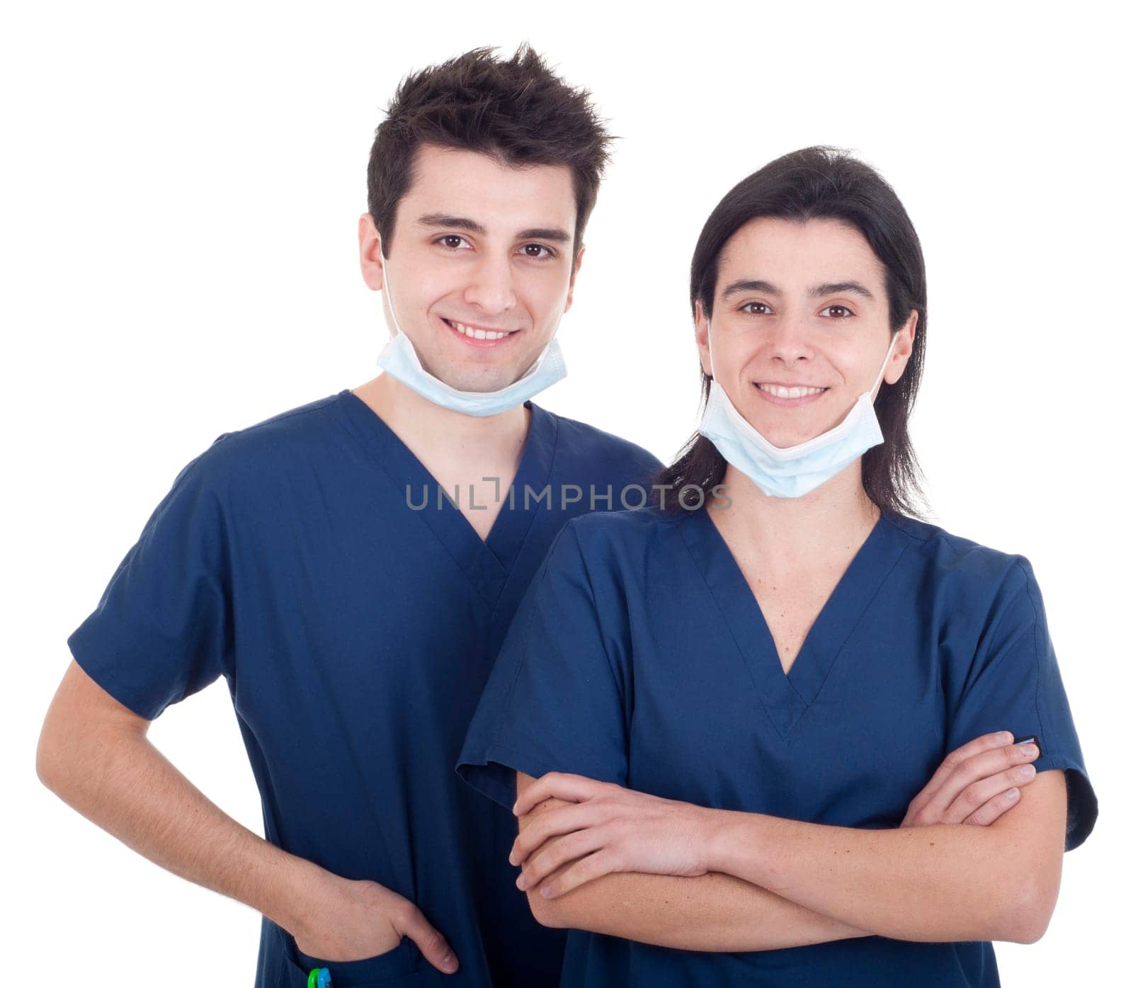 portrait of a team of doctors, man and woman wearing mask and uniform isolated on white background