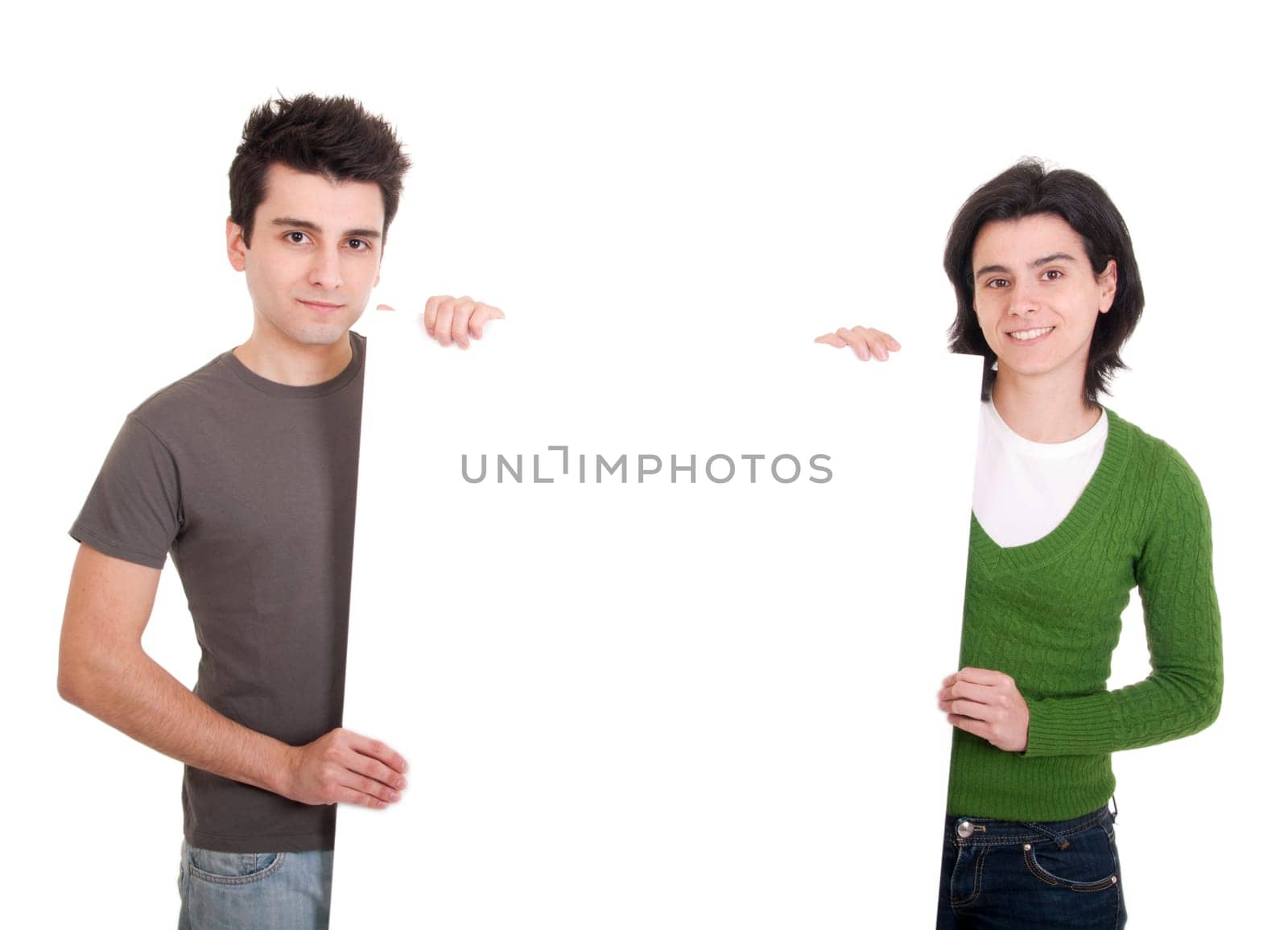 friendly casual man and woman displaying a banner ad isolated on white background