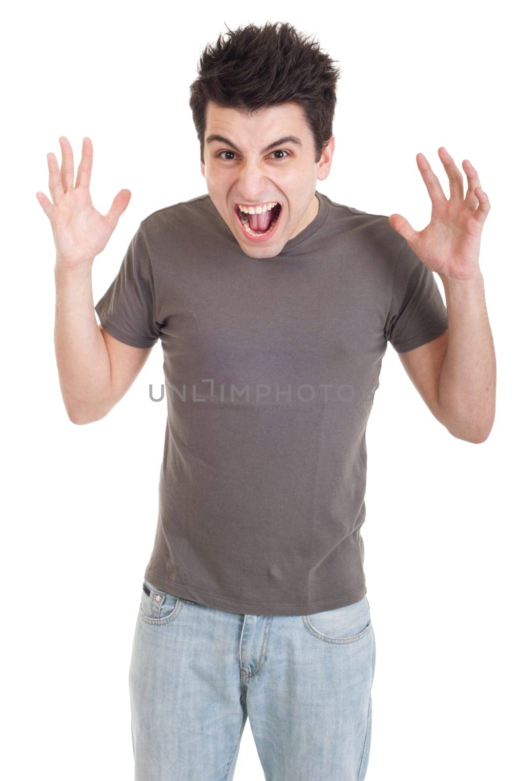 very angry casual man screaming and gesturing isolated on white background