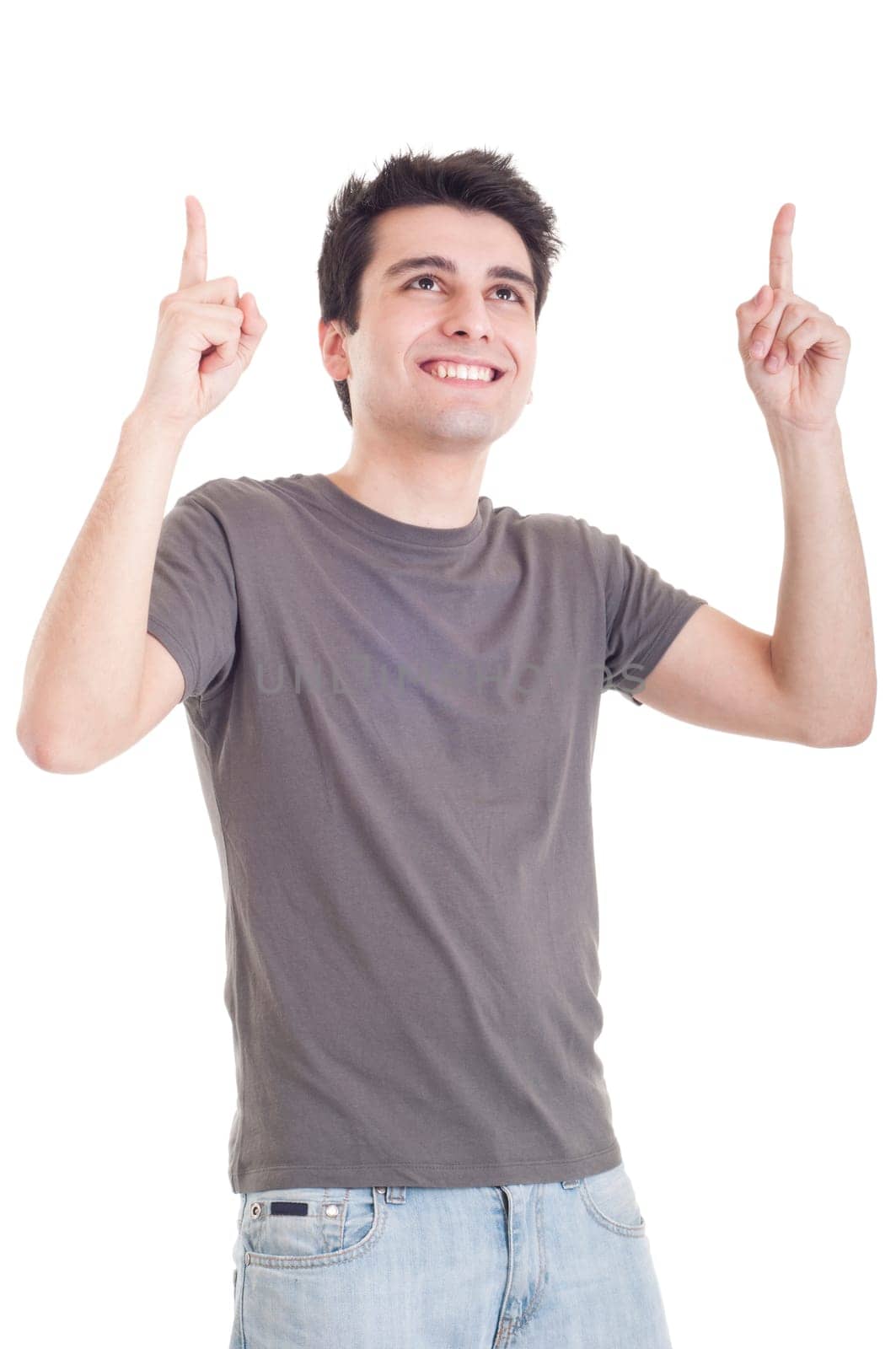 smiling casual man pointing up isolated on white background