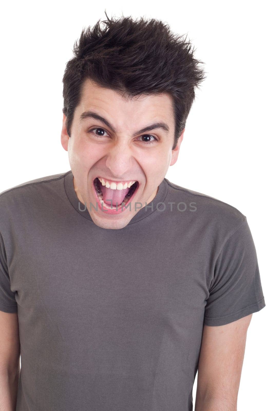 very angry casual man screaming and gesturing isolated on white background