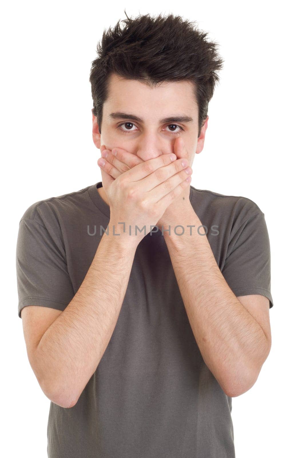 handsome casual man in speak no evil pose (isolated on white background)