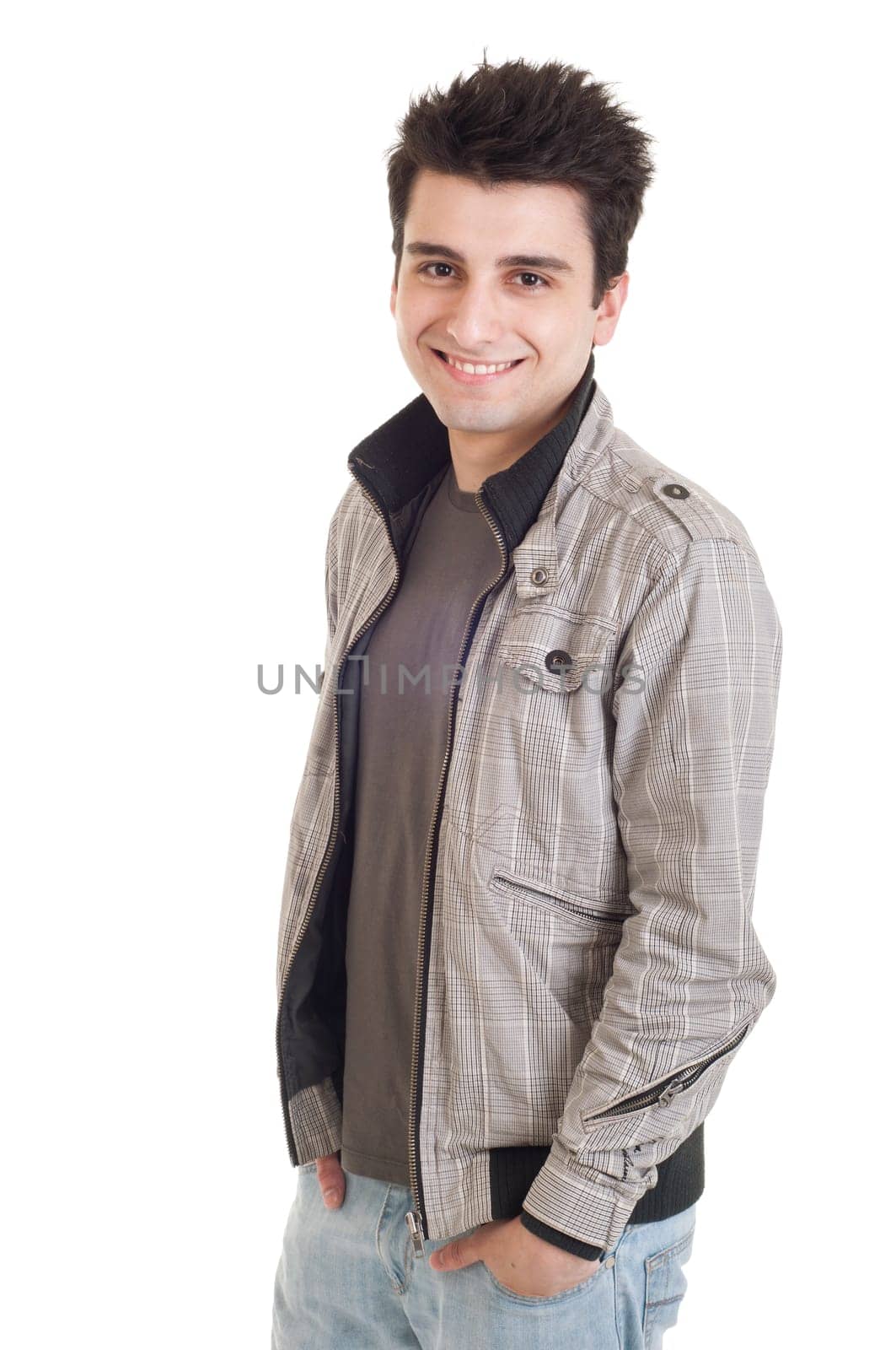 fashion portrait of a young handsome man with jacket (isolated on white background)
