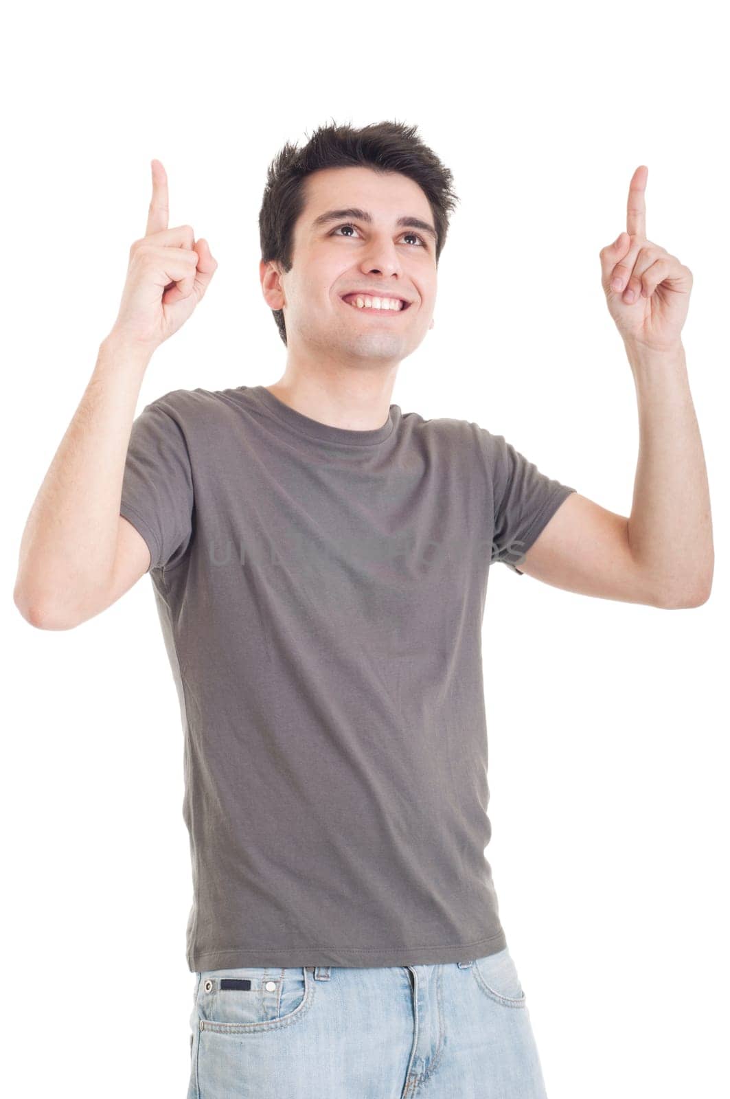 smiling casual man pointing up isolated on white background