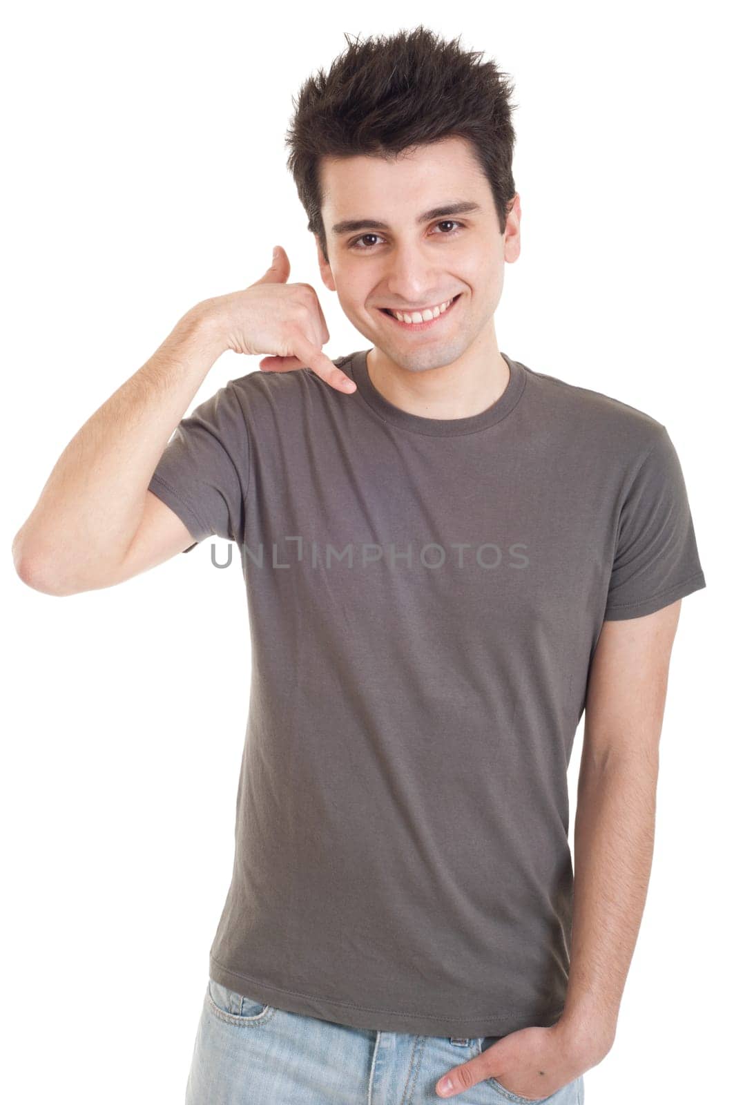 smiling casual man showing call me gesture isolated on white background