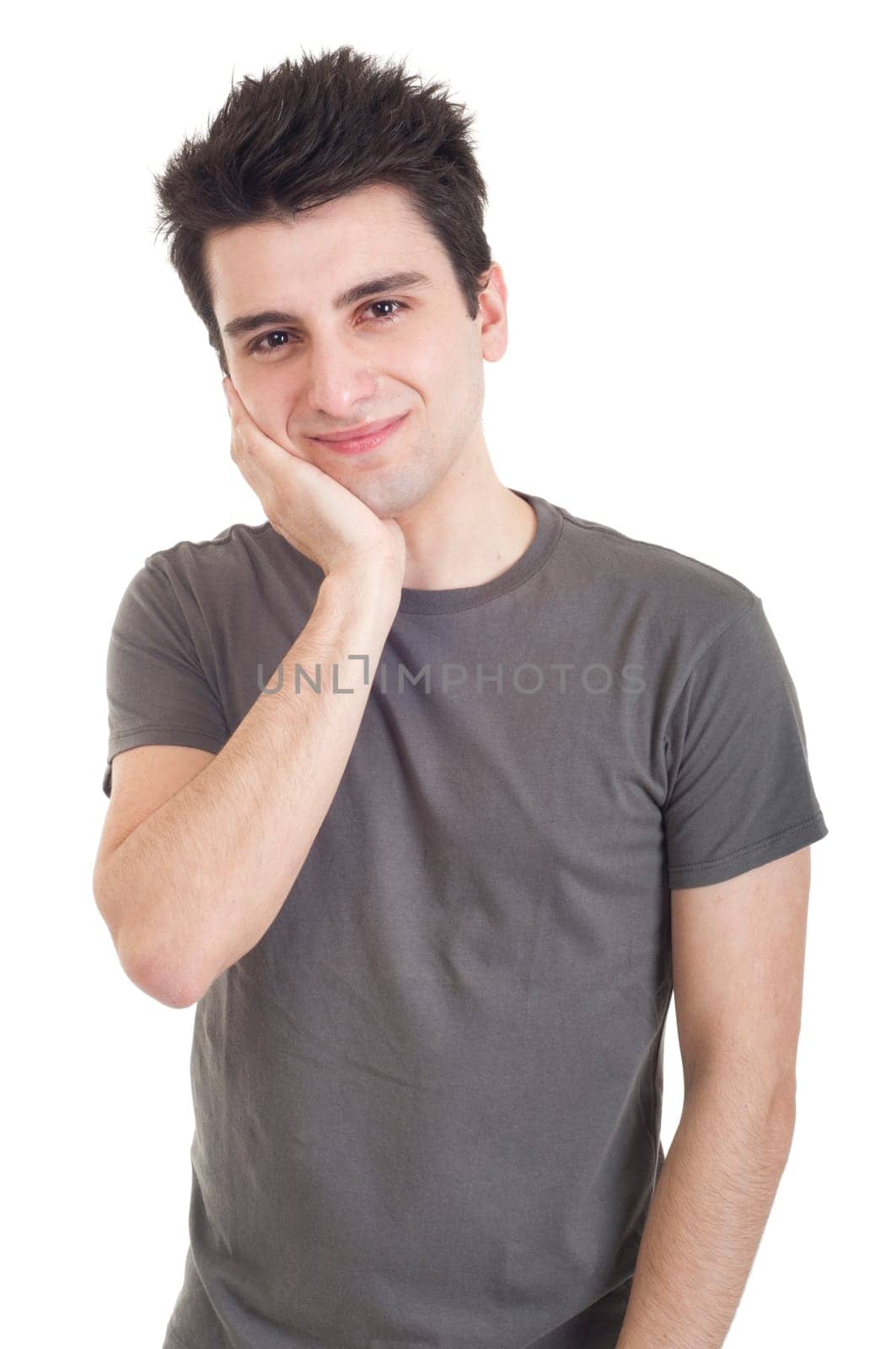 sad depressed young man crying, conceptual picture regarding emotional, financial or violence problems (isolated on white)