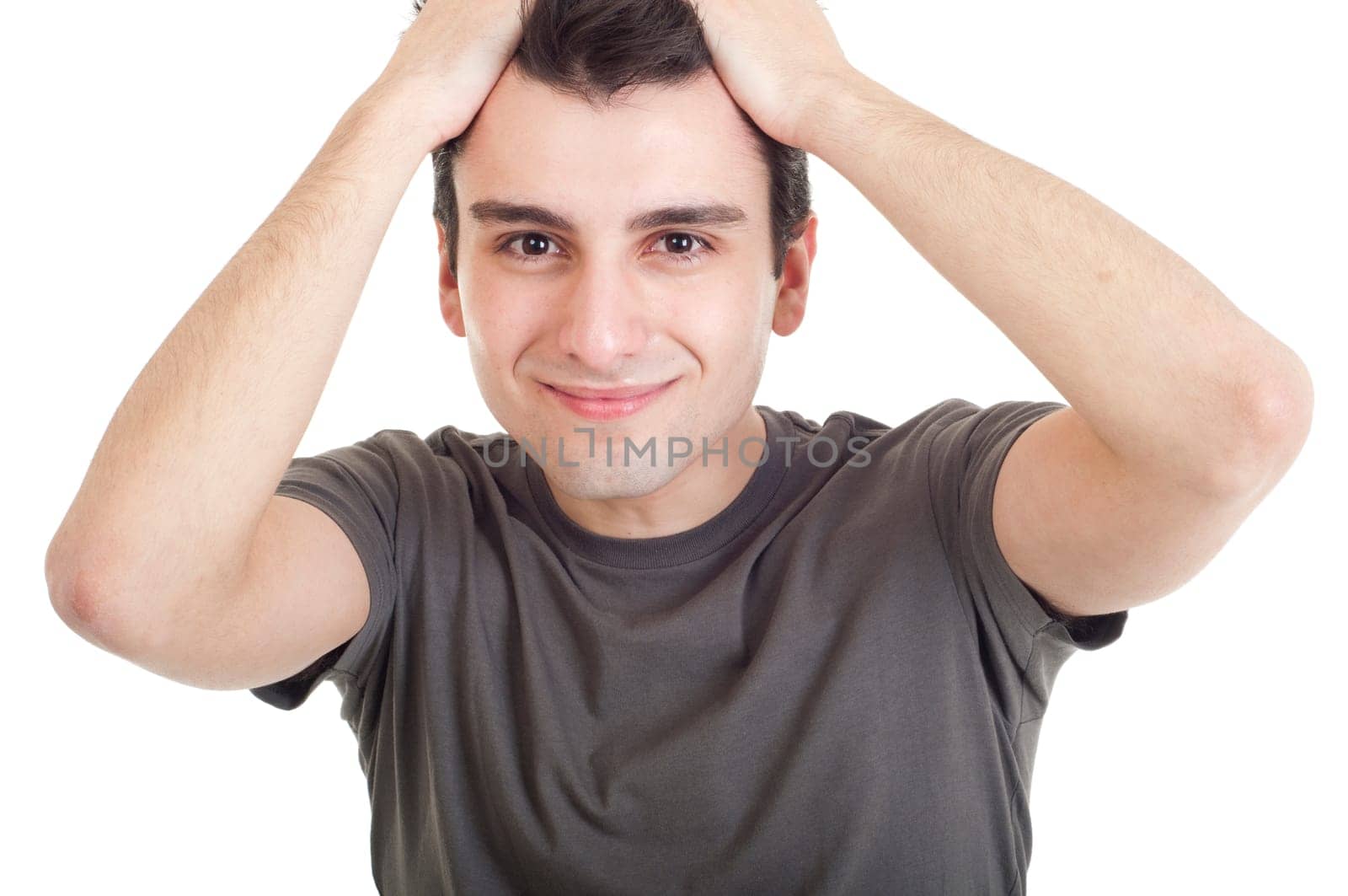 sad depressed young man crying, conceptual picture regarding emotional, financial or violence problems (isolated on white)