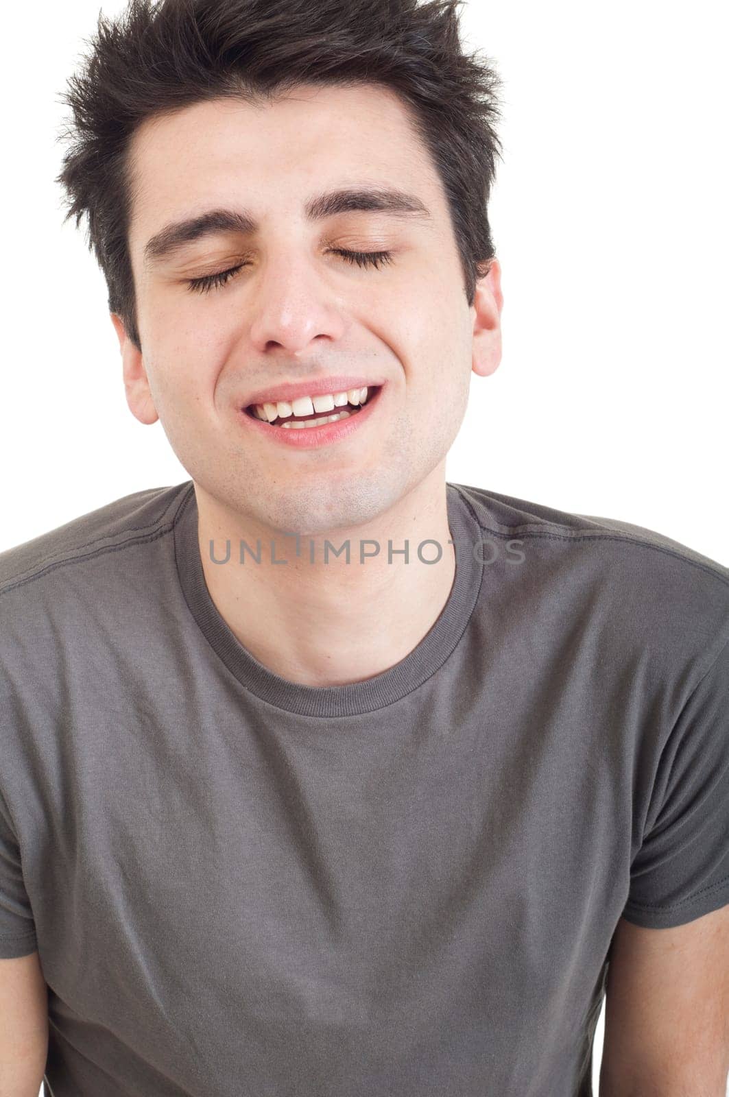 sad depressed young man crying, conceptual picture regarding emotional, financial or violence problems (isolated on white)