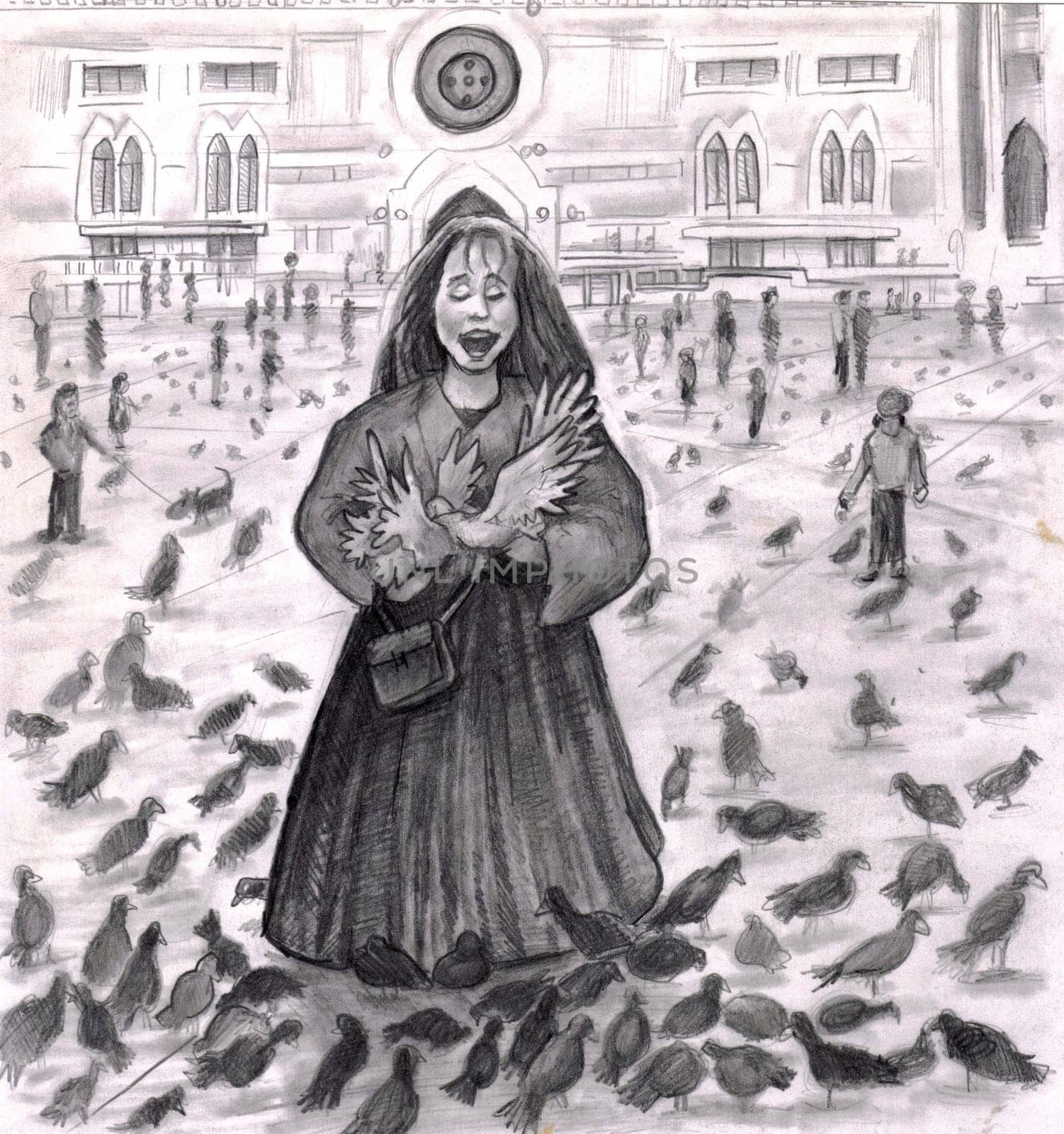 Pigeons surrounding a young lady in Italy outside. She is laughing with all the attention of the birds in this black, white, gray and slightly sepia illustration.