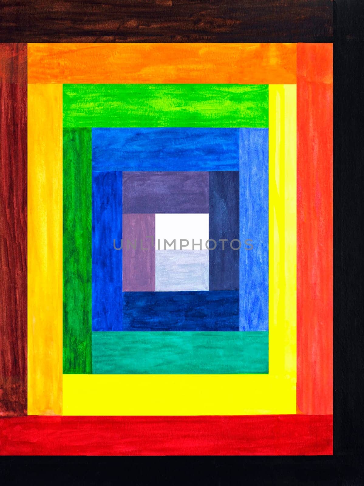 Various shades of color rectangle bars lead slowly towards the center in this painting.