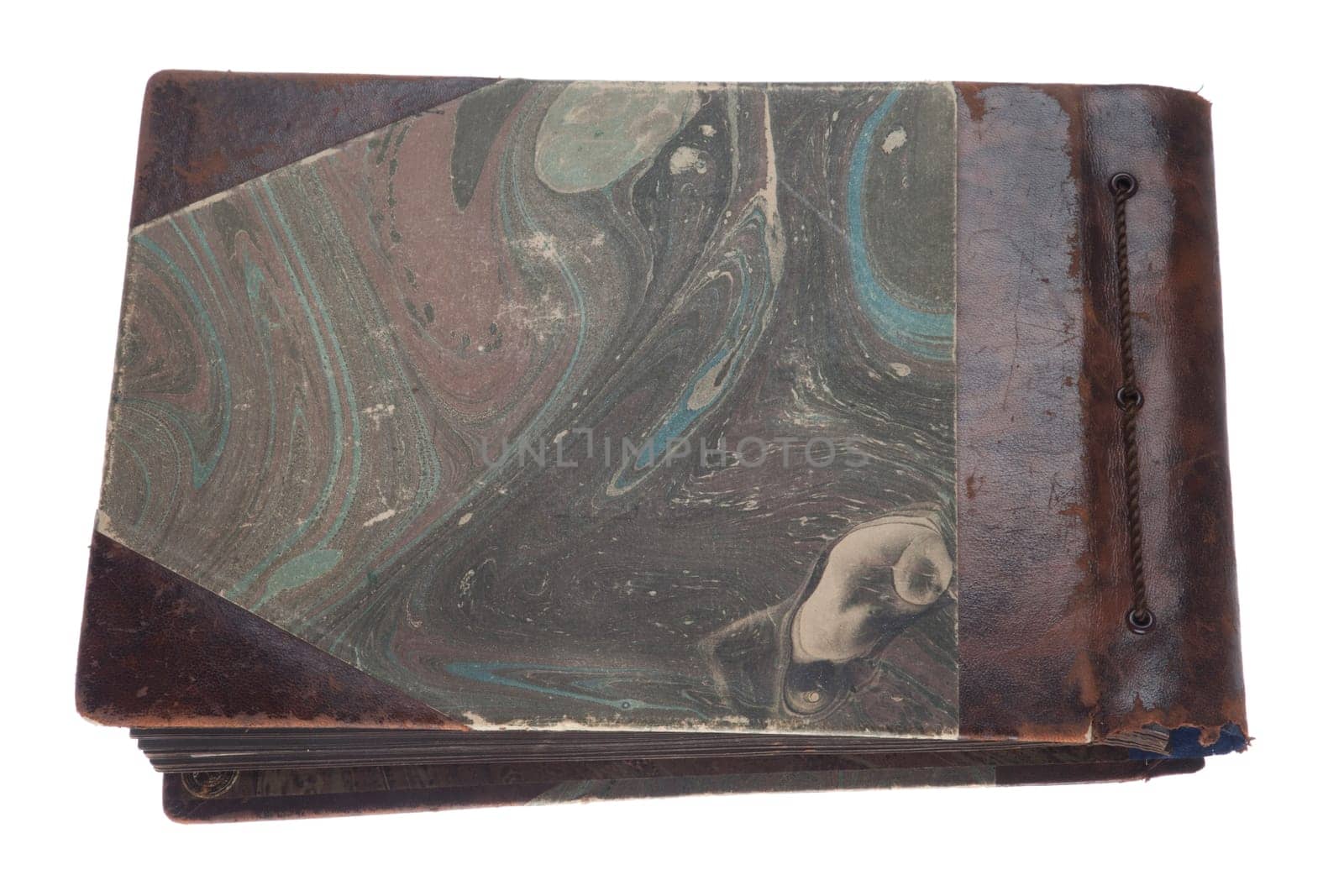 Old photo album with photos isolated on white.