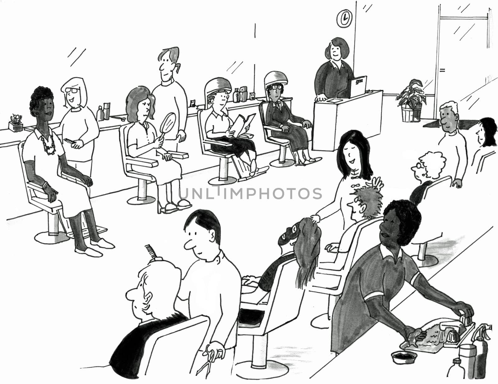 Many people getting hair and beauty treatments at a busy salon.