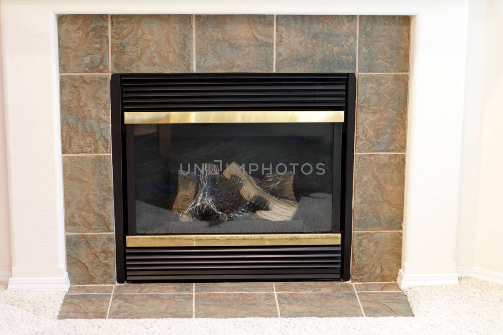 Living room heat producer at the flip of a switch. Surrounded by green brown slate stone.