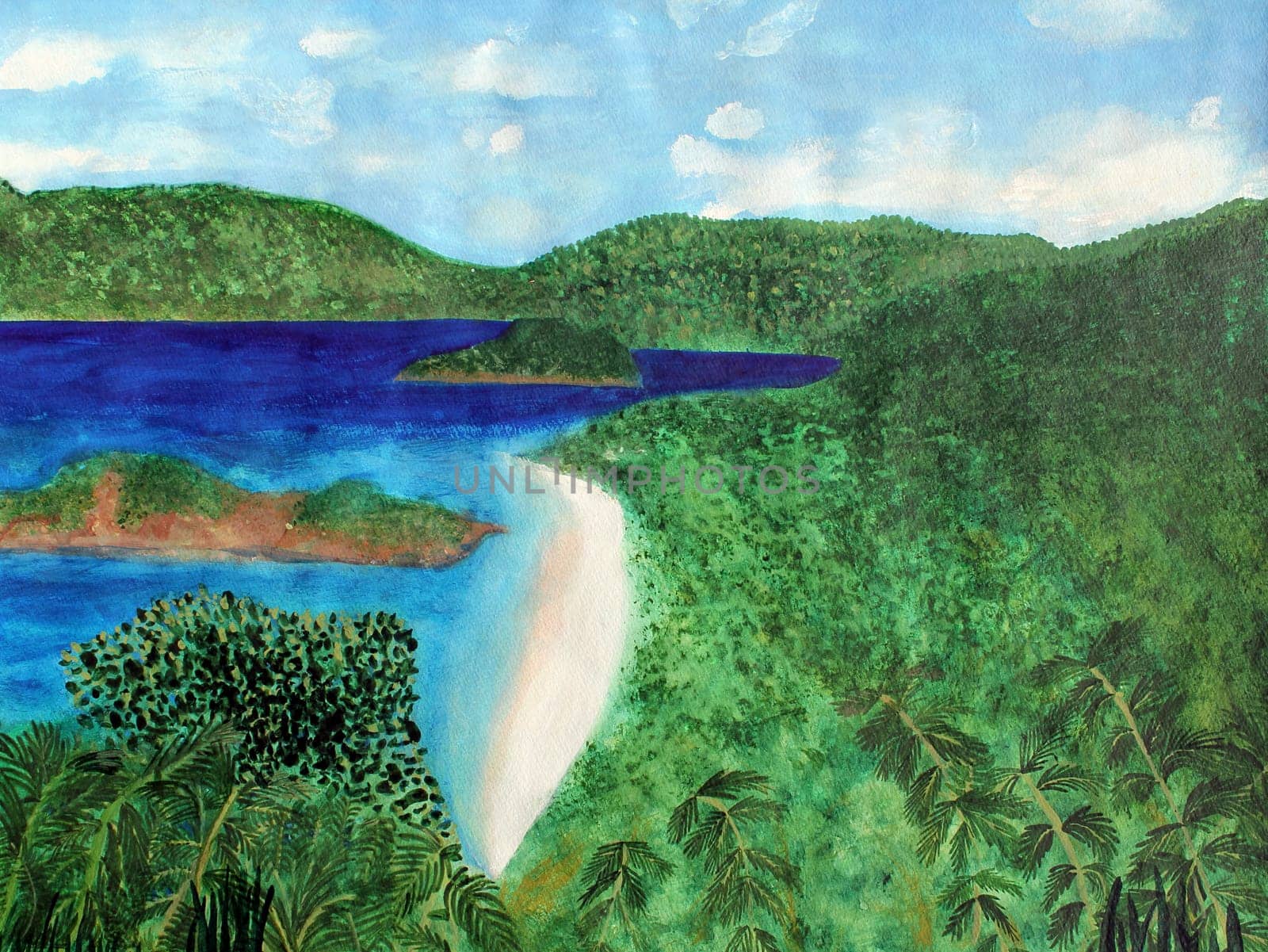 Watercolor art painting of a view of the beach from overlook on St. John in the US Virgin Islands. The tropical scene is very warm, with lots of lush tropical foliage and trees close in and further away. Other islands palm trees, brush, hills, mountains a