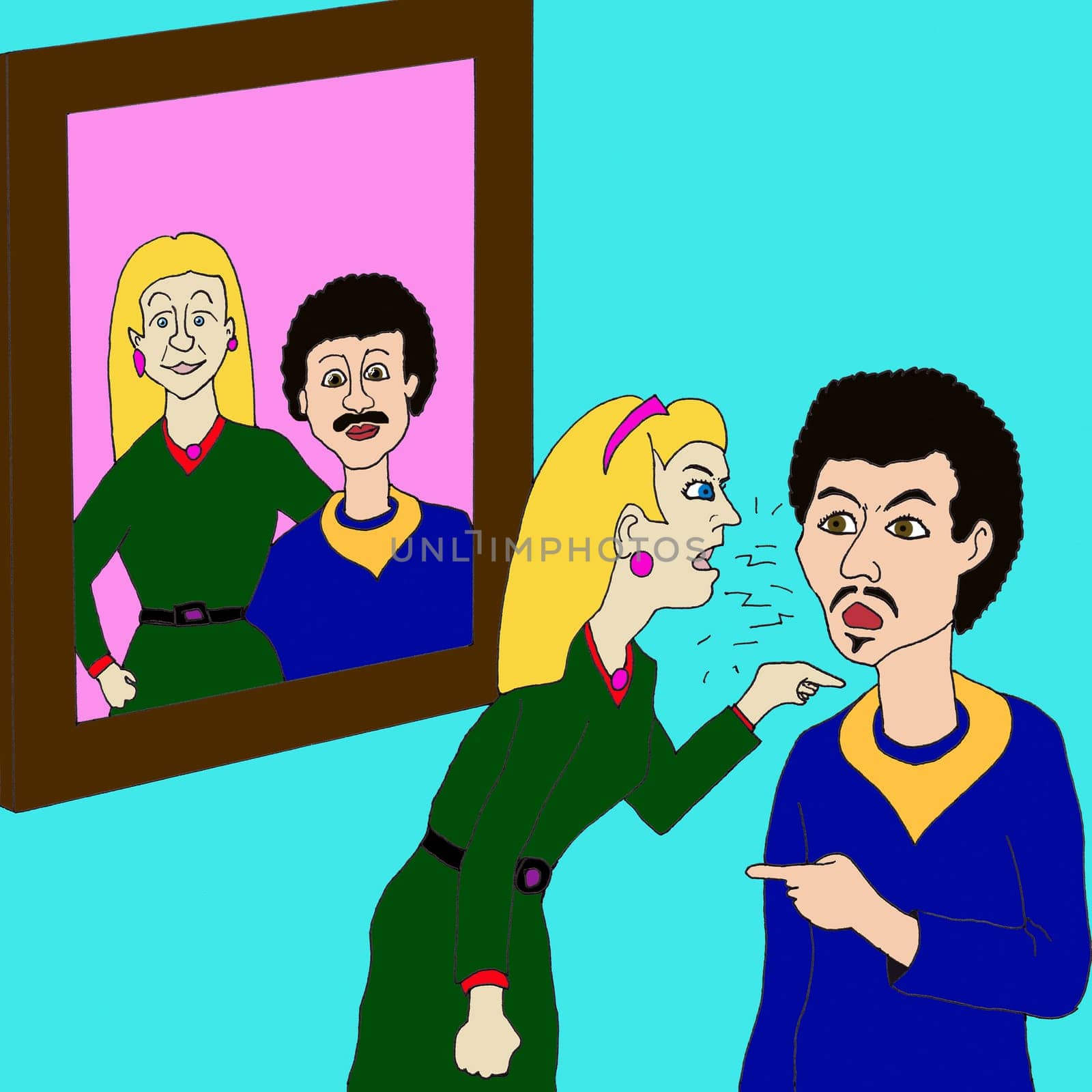 A happy couple getting along in a picture on the wall and then arguing in life.