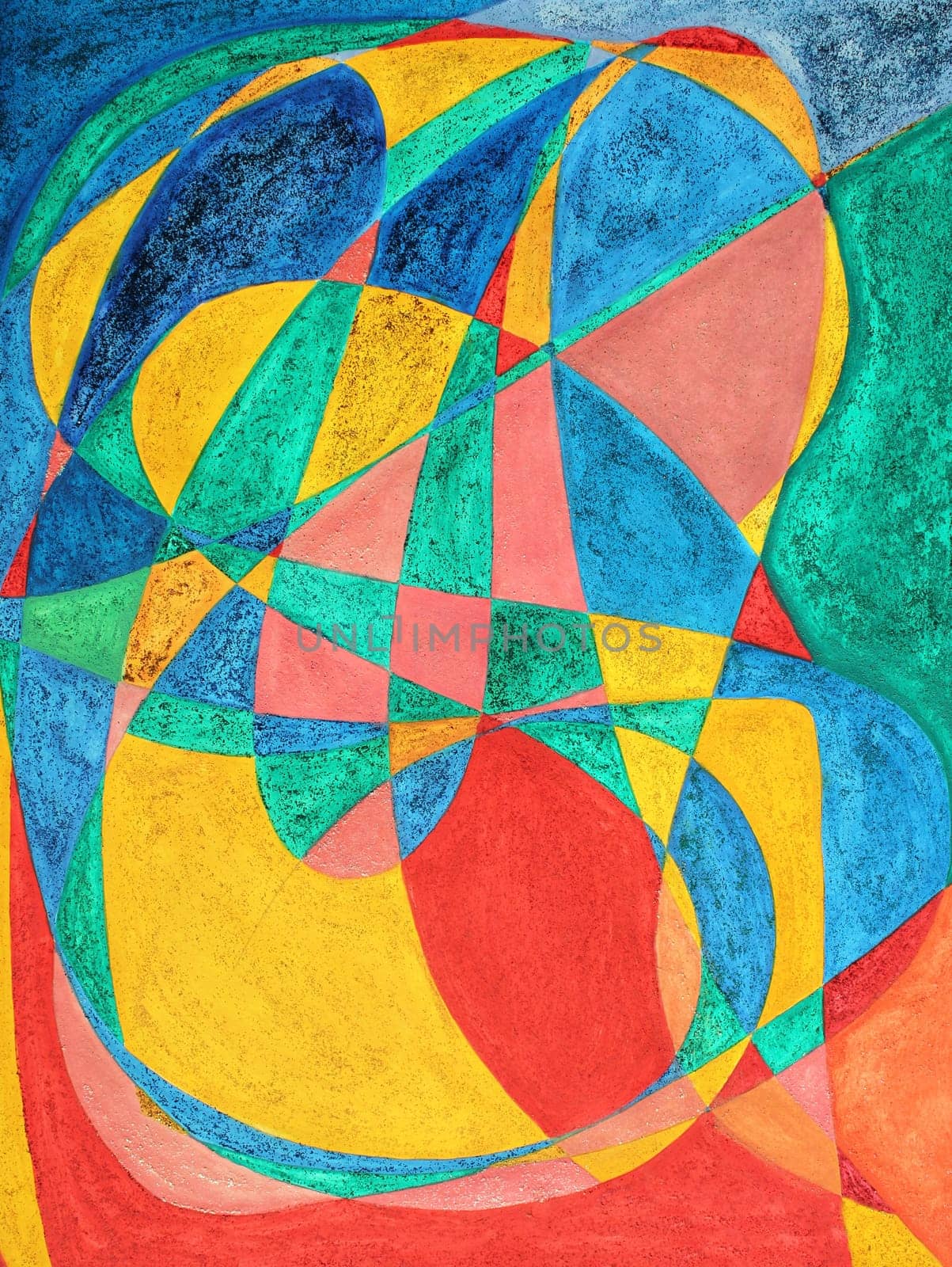 Abstract background art painting of the letters in the word massage. The letters in massage are drawn over one another and the spaces painted in with corresponding colors on one 18 inch by 24 inch original watercolor and rough glitter painting. The main c