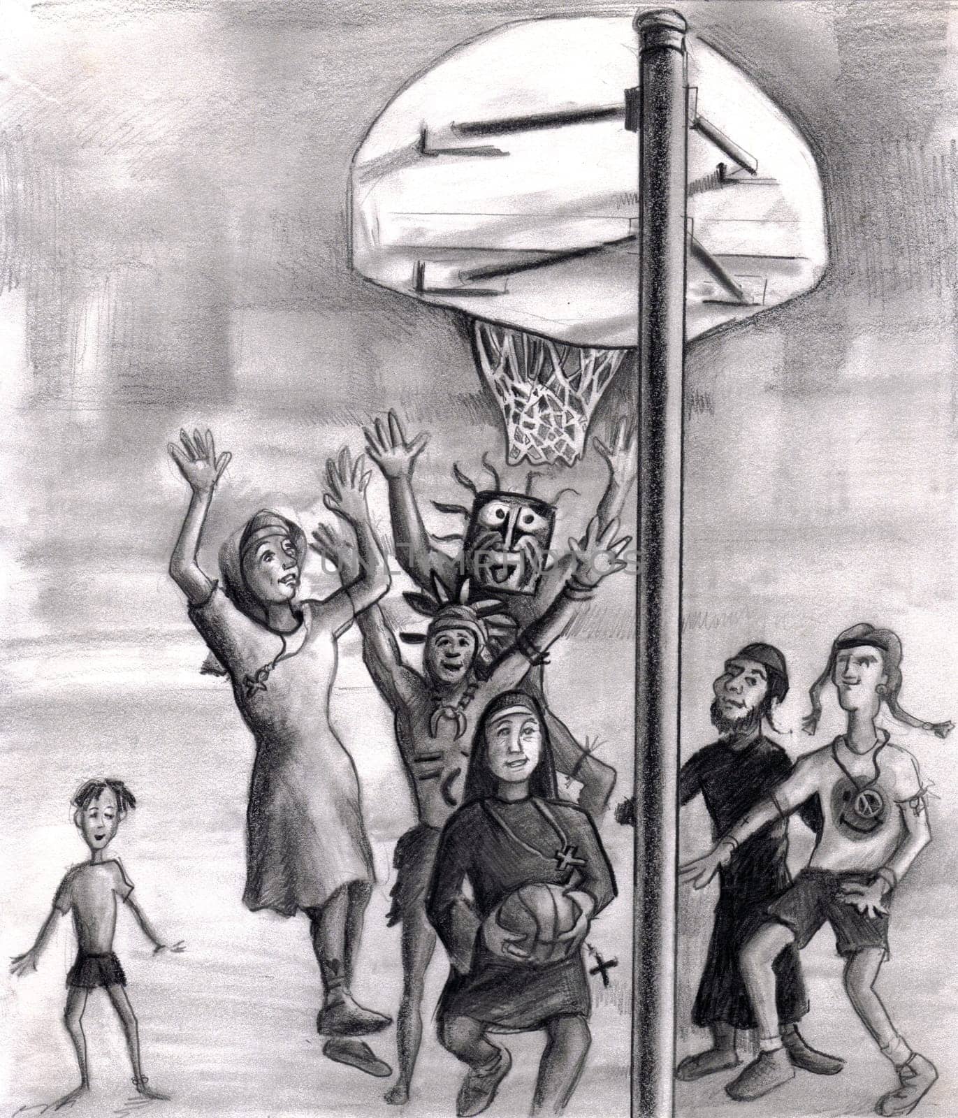 Diversity and faith based people in various fashion playing an outdoor basketball game. Two tribal men in masks, a Catholic nun, missionary, hippie, Rabbi, little boy.