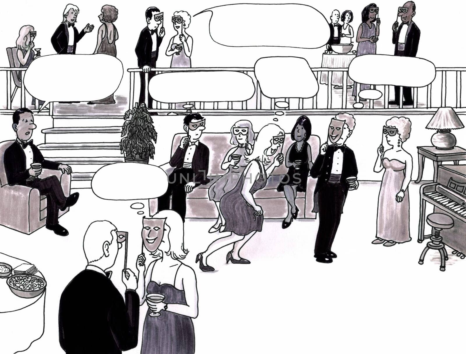 Room full of sophisticated adults in an elegant room at a party socializing. Thought bubble spaces are above some of their heads.