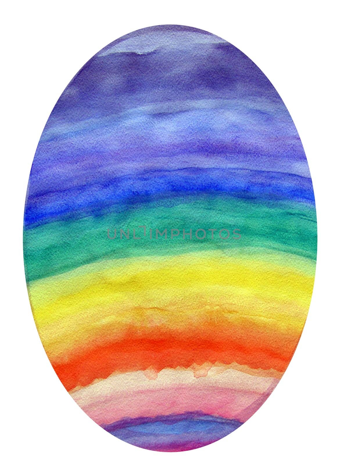 An oval egg is colored in a rainbow of colors. The colors red, orange, yellow, green, blue, indigo, and violet are painted onto the egg and the egg is isolated on a white background.