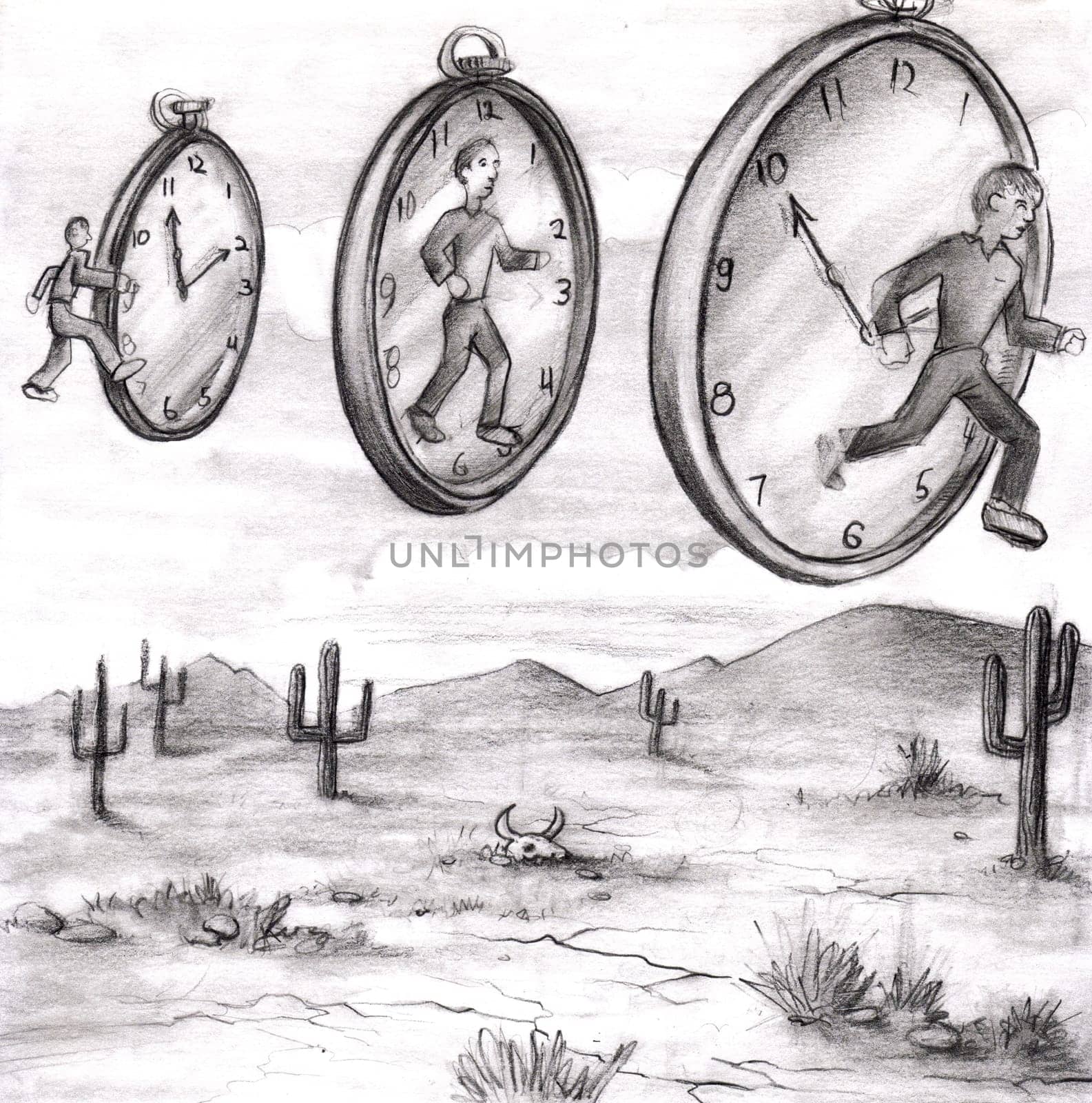 Three men in various relationships to time clocks in the sky of a desert. First steps into past time. The middle is in the present. Man on right stepping out of time or into the future.