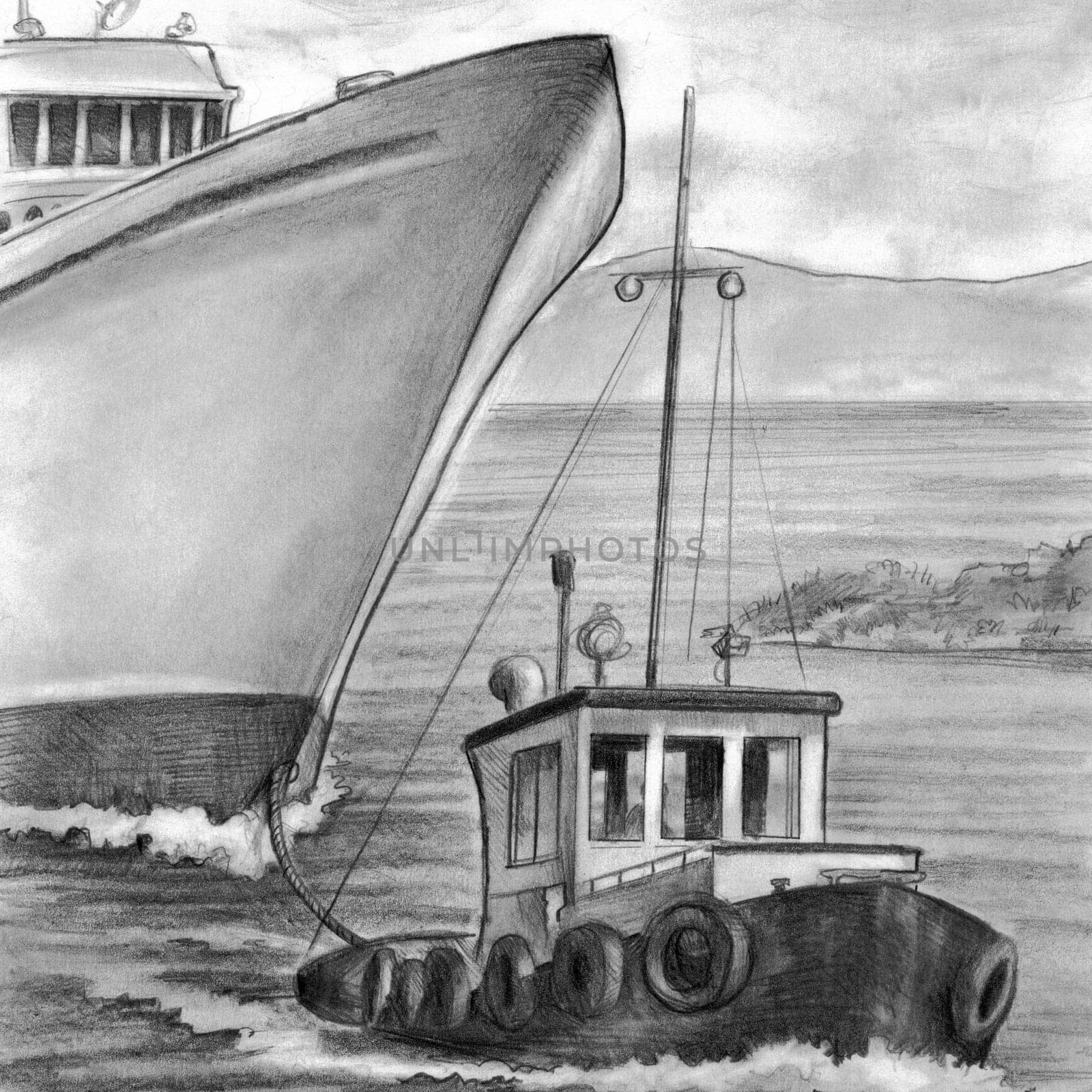 A smaller boat pulling a much bigger passenger ocean liner.
