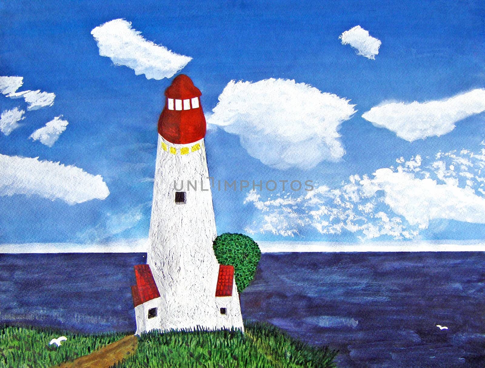 White and red lighthouse with green tree seen from inland, looking out into the ocean. Landscape is blue sky with white clouds, green grass with a dirt road. Two white birds are seen flying, one over land and one over the sea.