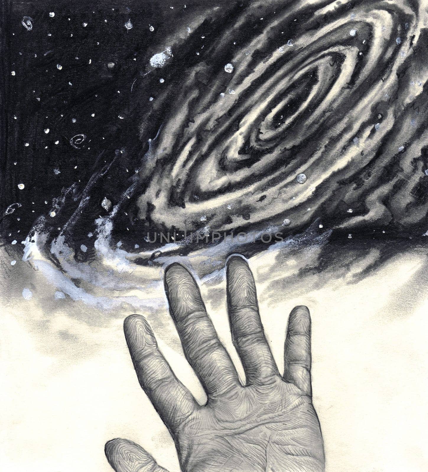 A black and white illustration of a hand with the palm side revealed, its fingerprints and palm prints in detail, reaching up towards the stars and heavenly universe above in space.