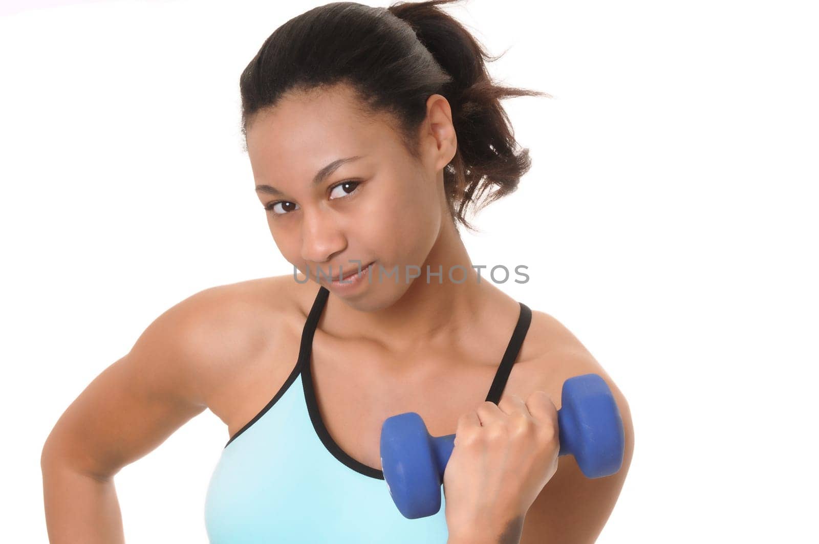 African American girl doing a fitness workout with weights