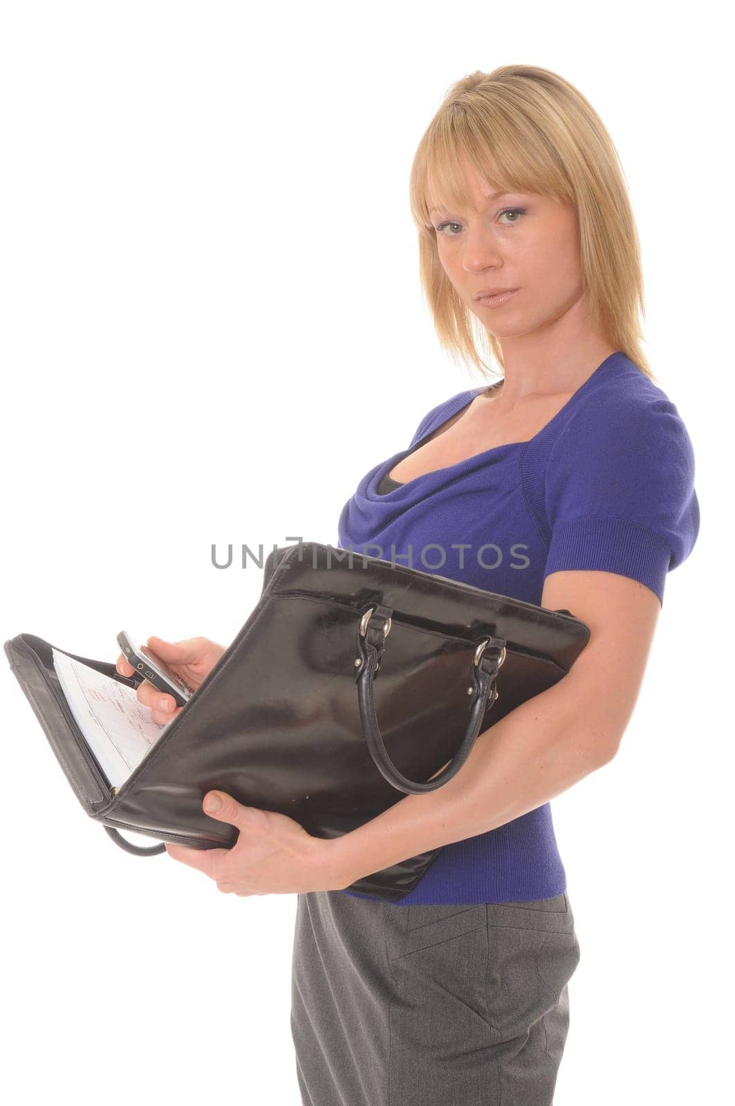 Blond businesswoman with open notebook isolated over white