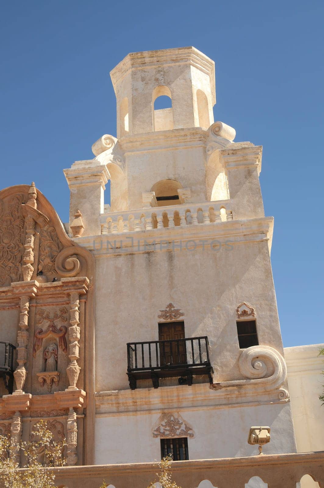 Detail of Spanish mission San Xavier del Bac started in 1692 by Spanish missionaries in the Americas