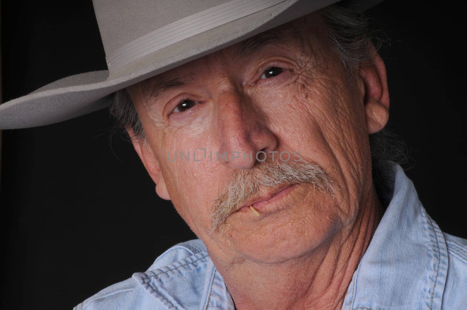 Portrait of an old cowboy with a toothpick in his mouth