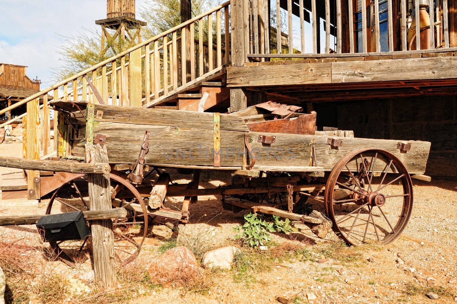 Old wooden wagon in a ghost town