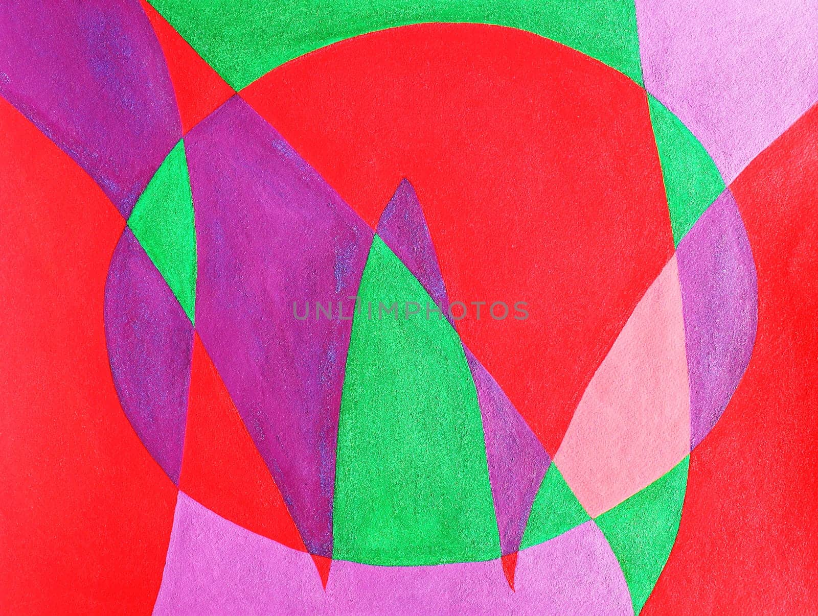 Abstract background color art painting of the letters in the word now. The letters in now are drawn over one another and the spaces painted in with corresponding colors in acrylic and rough glitter. The main colors in the painting are red, purple, green,