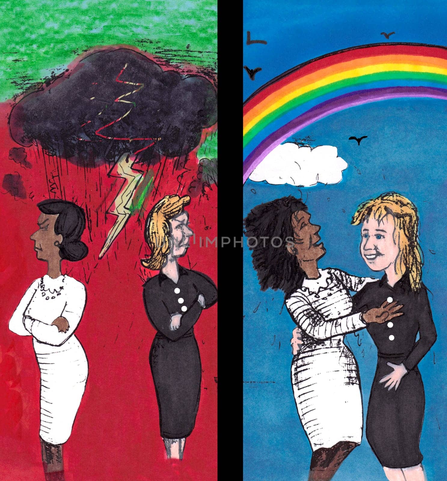 Two women stand near back to back with arms individually folded, yellow lightning from a dark black cloud, red background with green sky. On the right, the two women near embrace  happy smiling with each other face to face. Blue sky and rainbow, white clo