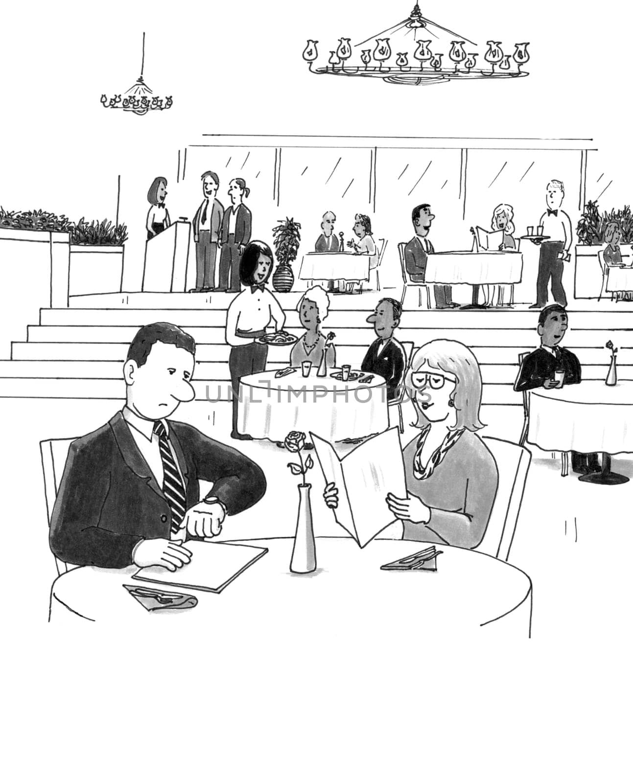 A man looks at his watch as he sits in a busy restaurant with a woman.