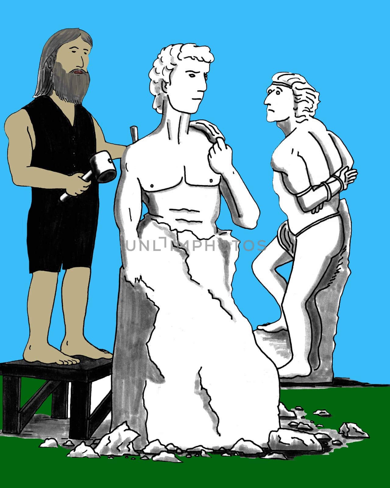 Man with chisel and mallet sculpts a male from a big block of marble. Statue in back is "Rebellious Slave"" created 1513-1516."