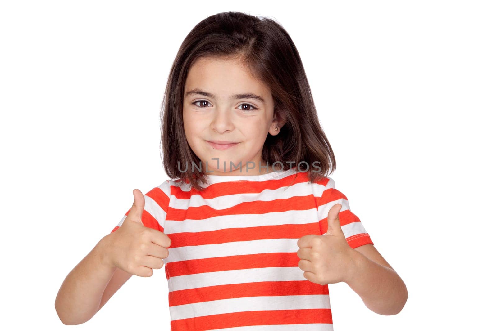 Brunette little girl saying Ok isolated on a over white background