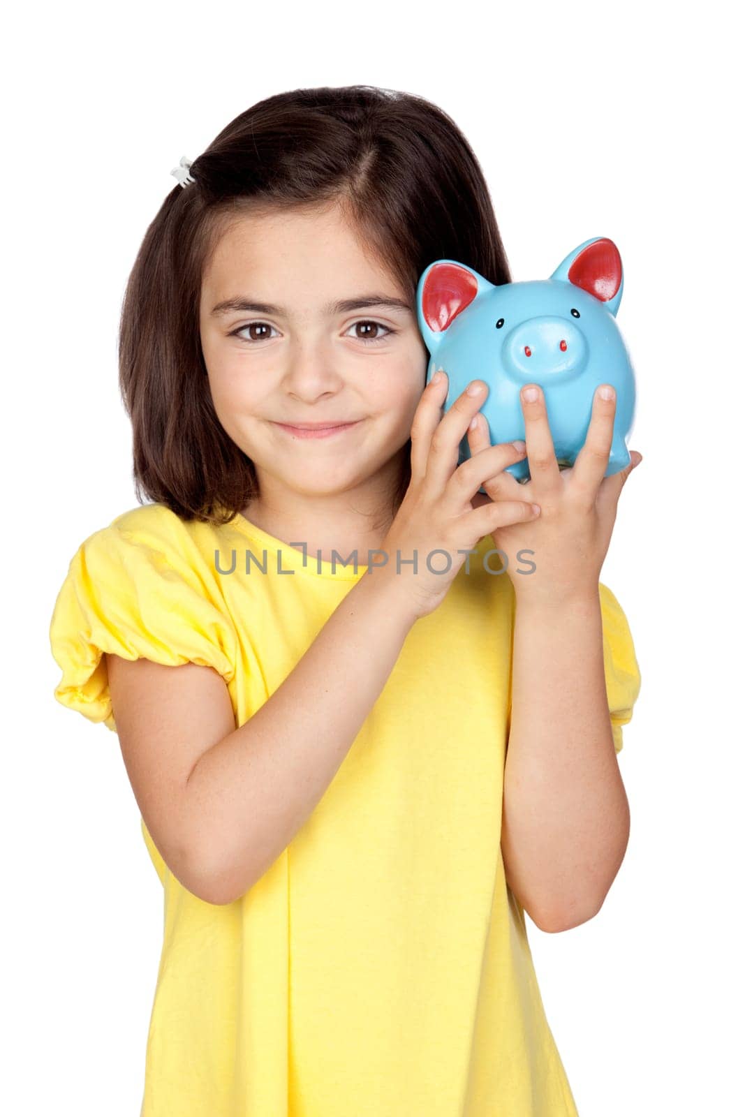 Brunette little girl with a blue moneybox isolated on a over white background