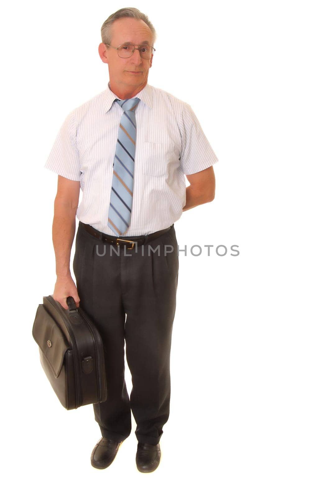 Senior businessman carrying briefcase isolated over white
